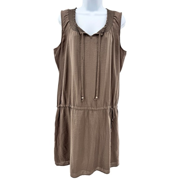 Esprit Y2K Brown‎ Sleeveless Tiered Mini Dress Size 16 Smocked Cottagecore - Picture 2 of 8